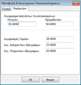 Στη συνέχεια, στην καρτέλα «Παράμετροι» δηλώνονται οι ασύνδετοι λογαριασμοί Συναλλασσομένων (πελατών, προμηθευτών), ταμείου καθώς και εισπρακτέων / πληρωτέων αξιογράφων της