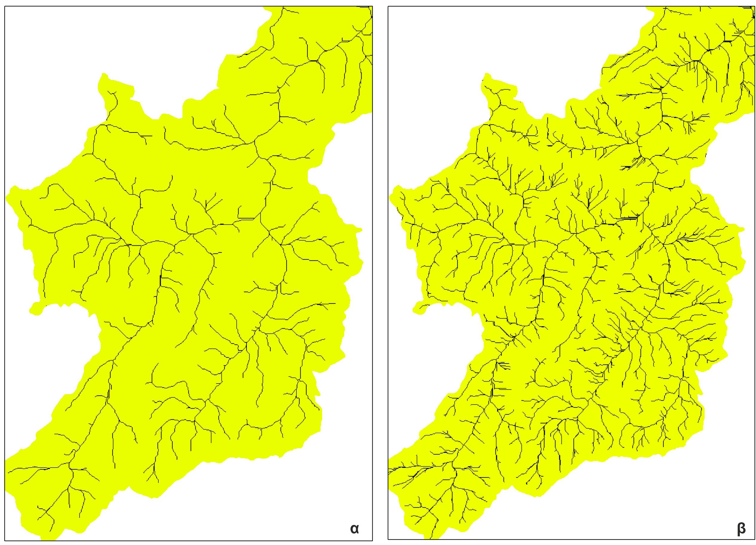 Εικόνα 9.6 Χάρτης α. υδρογραφικού δικτύου με τιμή κατωφλίου 500. Με μαύρο χρώμα οι τιμές True και με κίτρινο οι τιμές False και β. υδρογραφικού δικτύου με τιμή κατωφλίου 100.