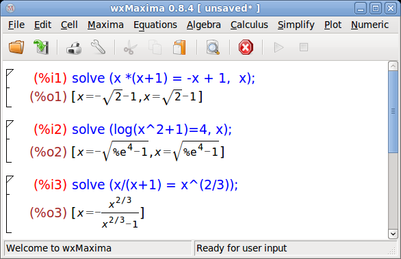 Επίλυση μη γραμμικών εξισώσεων x(x + 1) = x + 1 solve (x * (x+1) = -x + 1, x); log(x