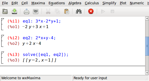 Συστήματα γραμμικών εξισώσεων x 2y = 4 2x + y = 3 1 solve([x-2*y=4, 2*x+y=3], [x, y]); ή, με