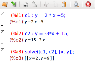 Τομή δύο καμπυλών y = 2 x + 5 y = 3 x + 15 c1 : y = 2 * x