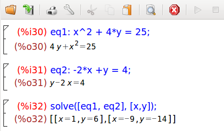 Μη γραμμικό σύστημα εξισώσεων x 2 + 4 y = 25 2 x + y = 4 1 eq1 : x^2
