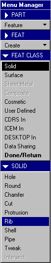 Από το Menu Manager επιλέγεται, διαδοχικά Feature > Create > Solid > Rib. Επιλέγεται το επίπεδο σχεδίασης του Rib και στη συνέχεια Default.