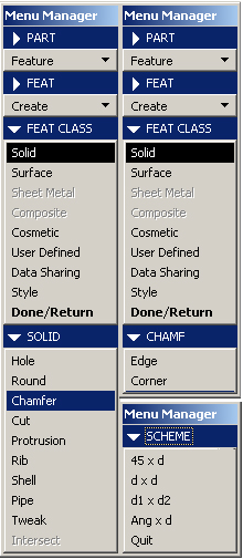 Από το Menu Manager επιλέγεται διαδοχικά: Feature > Create > Solid > Chamfer (Εικόνα 1). Εµφανίζονται δυο επιλογές: Edge. Όπου το σπάσιµο δηµιουργείται σε µια ακµή µε συγκεκριµένες διαστάσεις. Corner.