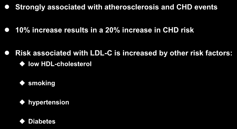 LDL-Cholesterol Strongly associated with atherosclerosis and CHD events 10% increase results in a 20% increase in CHD