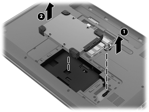 8. Αποσυνδέστε το καλώδιο της μονάδας σκληρού δίσκου από την κάρτα του συστήματος (1) και αφαιρέστε τη μονάδα σκληρού δίσκου από τον υπολογιστή (2).