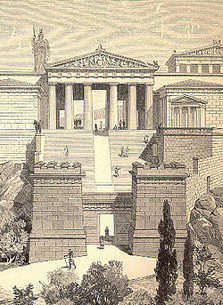 Τα Προπύλαια: H Είσοδος της Ακρόπολης Κίονας = κολώνα, στήλη Τα Προπύλαια ξεκίνησαν να χτίζονται το 437 π.χ., πριν από τον Πελοποννησιακό πόλεμο. Η οικοδόμηση κόστισε 2012 τάλαντα.