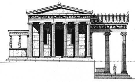 Το Ερέχθειο Στο τείχος, μπροστά από το ναό του Ποσειδώνα, οι Αθηναίοι είχαν εντοιχίσει σπονδύλους από τους κίονες του Παρθενώνα που είχαν καταστρέψει οι Πέρσες.
