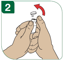 2 - Noņemiet no Extavia flakona vāciņa plastikāta uzliku (flip off cap).