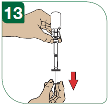 13 - Pagrieziet pilnšļirces-flakona sistēmu tā, lai flakons būtu augšā.