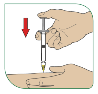 4 - Ja iespējams, viegli saspiediet ādu apkārt dezinficētajai injekcijas vietai (lai to nedaudz paceltu).