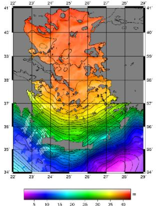 Εικόνα 4.5:Αποτέλεσμα εργασίας: Τοπικό γεωειδές στον Ελλαδικό Θαλάσσιο Χώρο. Το παραχθέν γεωειδές έχει μια μέση απόκλιση της τάξης των 19 cm από το EGM 08. ΚΤΗΜΑΤΟΛΟΓΙΟ Α.Ε., «Εξελίξεις στην Εθνική Γεωδαιτική Υποδομή Ο ρόλος του HEPOS», 2012: Η ΚΤΗΜΑΤΟΛΟΓΙΟ Α.