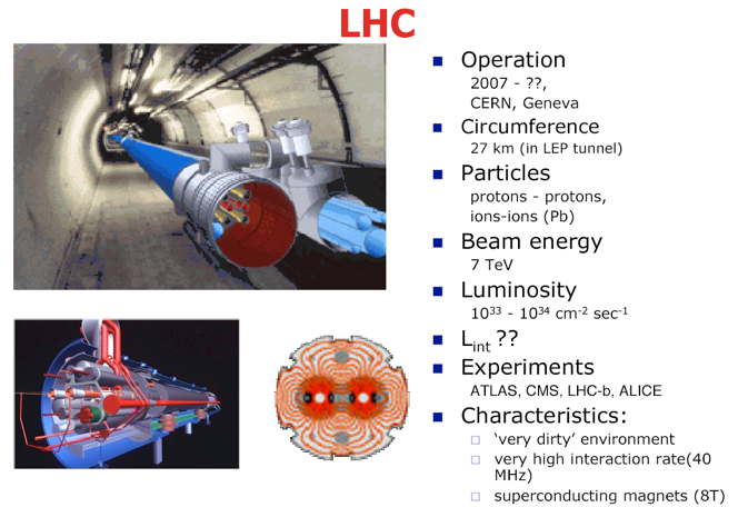 LHC: Large Hadron Collider @ 14 TeV 2009-2013, 2015-2018 7TeV, 8TeV, 13 TeV