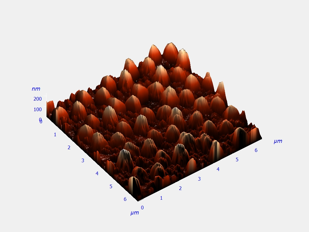 Εικόνα 5.4: Τρισδιάστατη απεικόνιση της εικόνας 5.3. Το ενδιαφέρον σε αυτή την εικόνα είναι ότι το ύψος της πυραμίδας σε ορισμένες περιπτώσεις φτάνει τα 200 nm και σε άλλες το πολύ τα 50 nm.