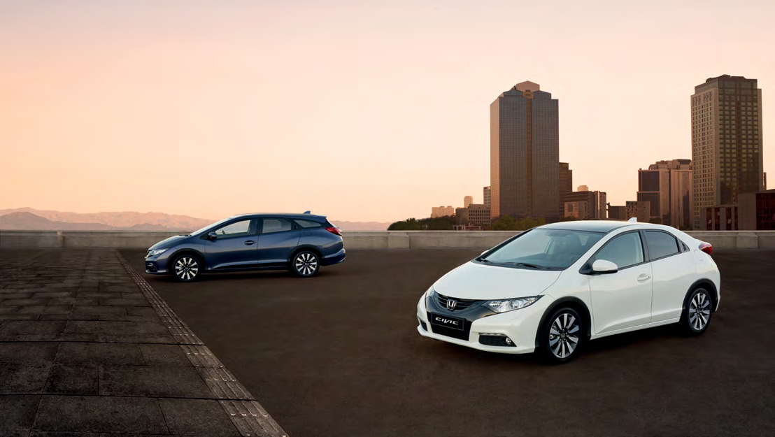 Vaša cesta začína na www.honda.sk Models shown are Civic 1.6 i-dtec Executive in White Orchid Pearl and Civic Tourer 1.