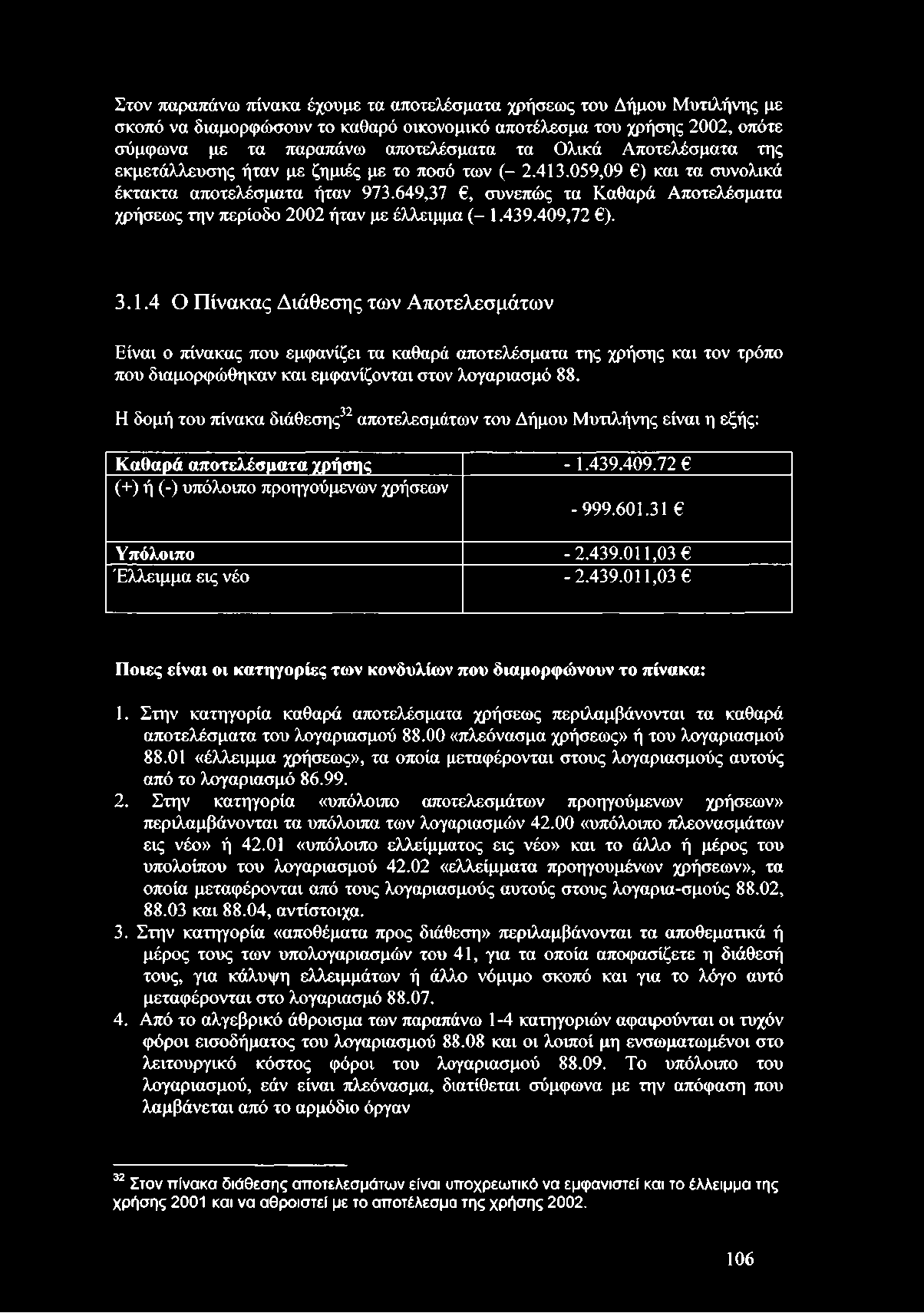 649,37, συνεπώς τα Καθαρά Αποτελέσματα χρήσεως την περίοδο 2002 ήταν με έλλειμμα (- 1.