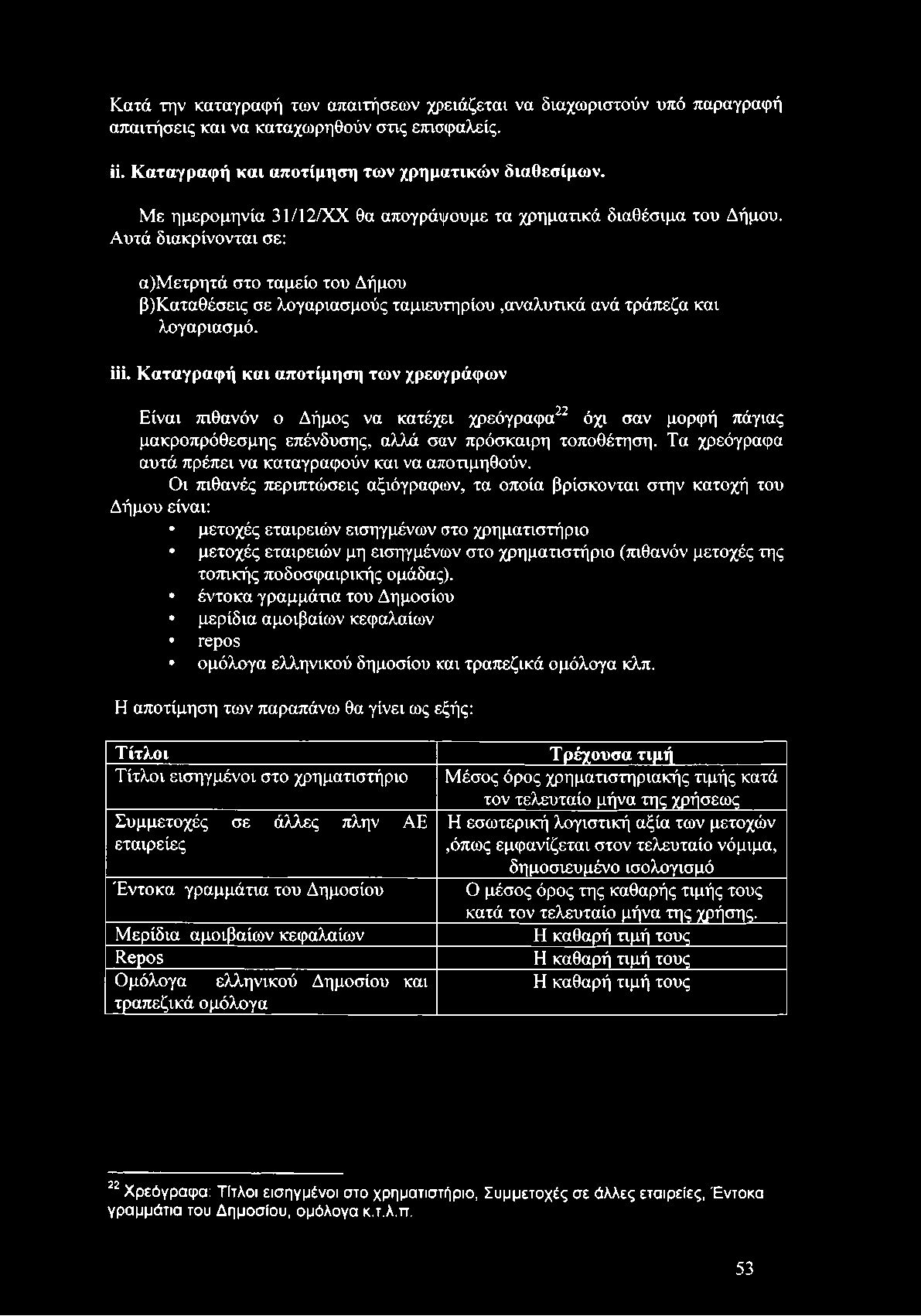 Αυτά διακρίνονται σε: α)μετρητά στο ταμείο του Δήμου β)καταθέσεις σε λογαριασμούς ταμιευτηρίου,αναλυτικά ανά τράπεζα και λογαριασμό. iii.