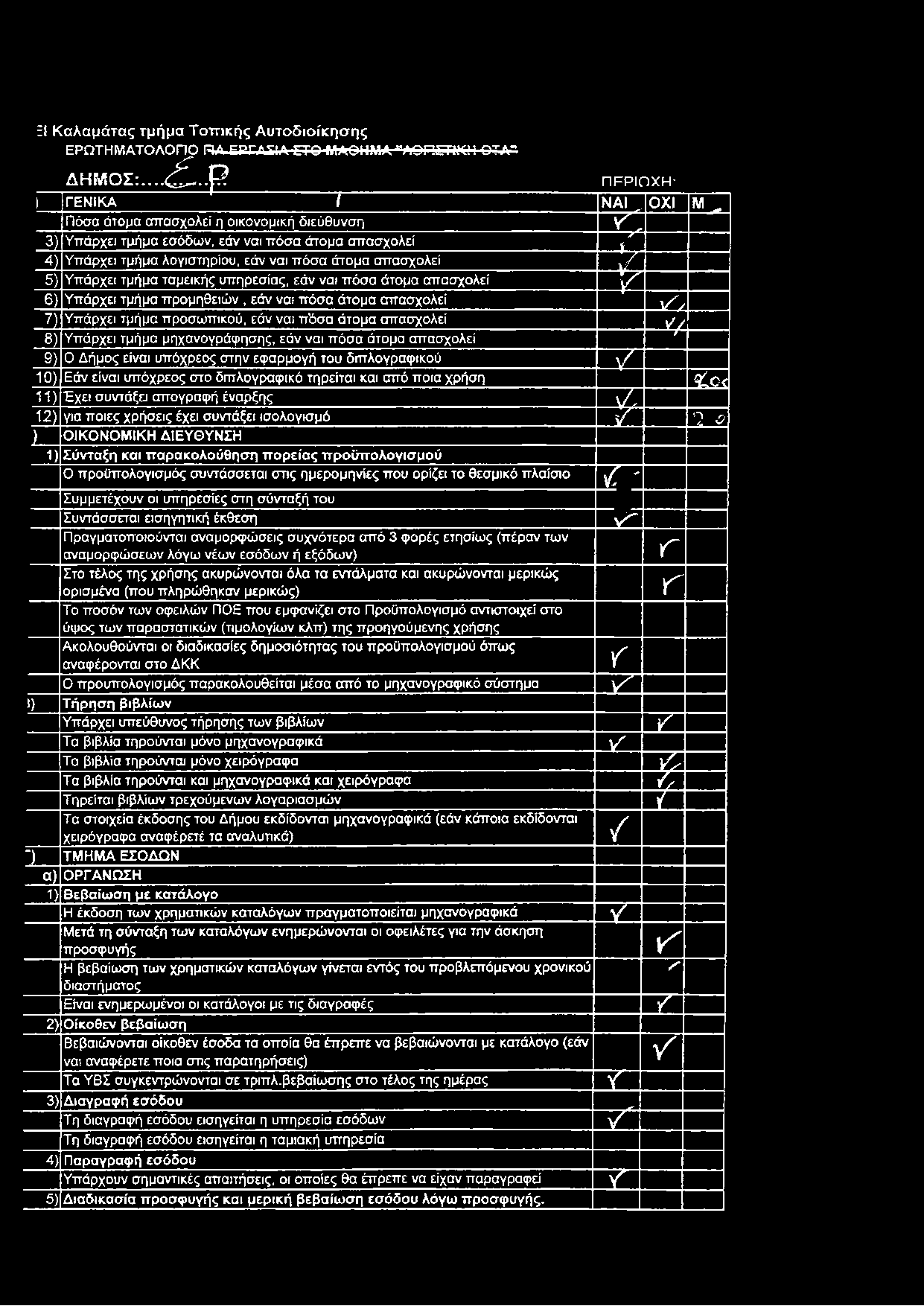 απασχολεί y 5) Υπάρχει τμήμα ταμεικής υπηρεσίας, εάν ναι πόσα άτομα απασχολεί γ 6) Υπάρχει τμήμα προμηθειών, εάν ναι πόσα άτομα απασχολεί y / 7) Υπάρχει τμήμα προσωπικού, εάν ναι π'όσα άτομα