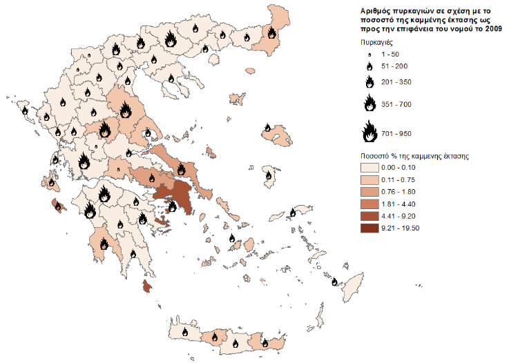 Εικόνα 32: Αριθμός πυρκαγιών ανά νομό σε σχέση με το ποσοστό της