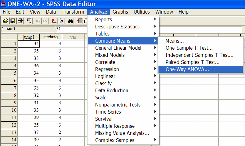 Διεξαγωγή της ανάλυσης διακύμανσης για ανεξάρτητα δείγματα ως προς έναν παράγοντα (One-Way ANOVA) Από το μενού «Analyze επιλέγουμε «Compare Means» και στη συνέχεια, «One-Way ANOVA» (Εικ. 1). Εικ.