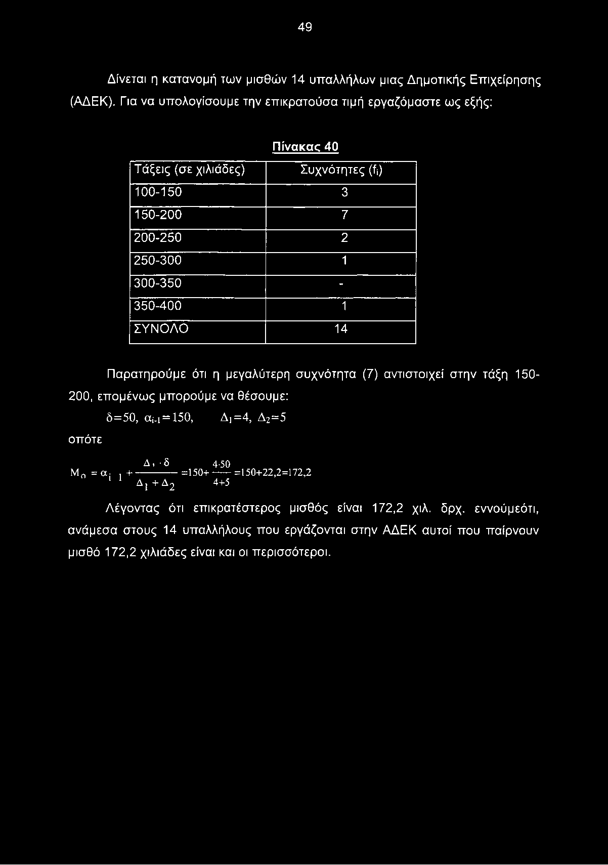 350-400 1 ΣΥΝΟΛΟ 14 Παρατηρούμε ότι η μεγαλύτερη συχνότητα (7) αντιστοιχεί στην τάξη 150-200, επομένως μπορούμε να θέσουμε: οπότε δ=50, αί.