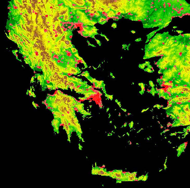 Greece's population density: a digital elevation model (EM) with overlay of stable night lights This map is a combination of two maps: () a Global and One-km Base Elevation (GOBE) map with