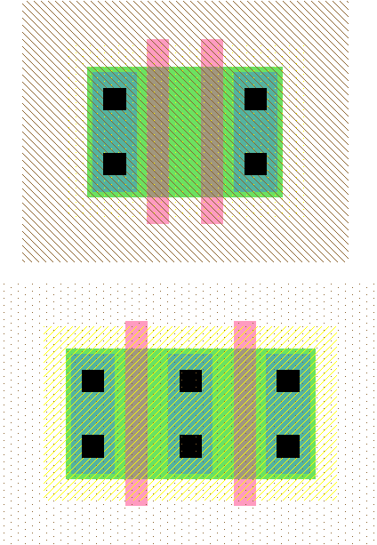 Εικόνα 5. Επαφές τρανζίστορ στο layout της nand2. Το Electric έχει ενσωµατωµένο έναν Design Rule Checker.