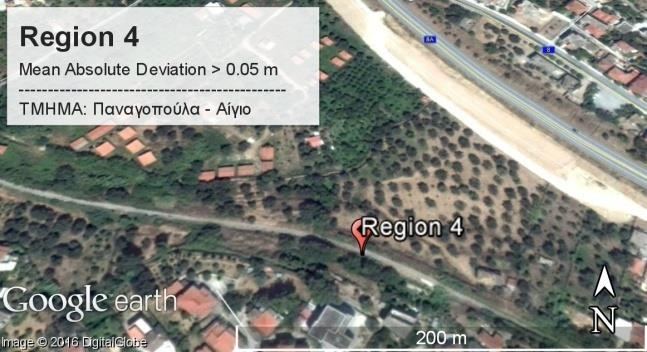 Εικόνα 5.37 Χάρτης από το τμήμα Παναγοπούλα-Αίγιο με σημειωμένη την περιοχή 4 (Region 4) του Σχ. 5.38, όπου η μέση απόλυτη απόκλιση κυμαίνεται από 0.05 m έως 0.51 m.