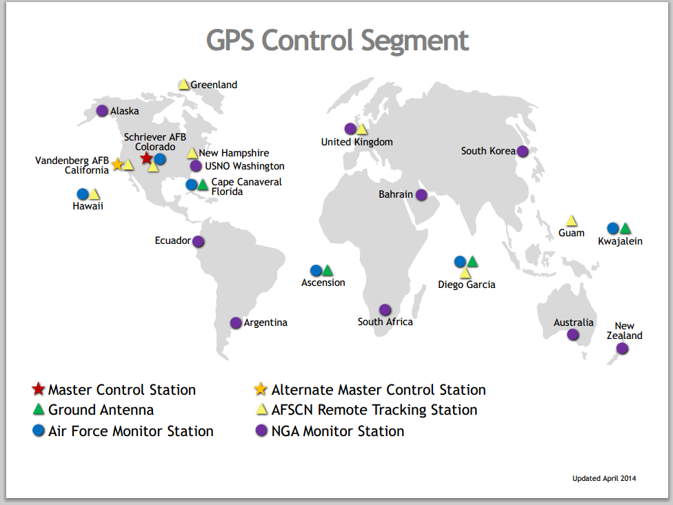 Εικόνα 2.2 Θέσεις επίγειων σταθμών που αποτελούν το τμήμα ελέγχου του GPS (http://spulers.livejournal.