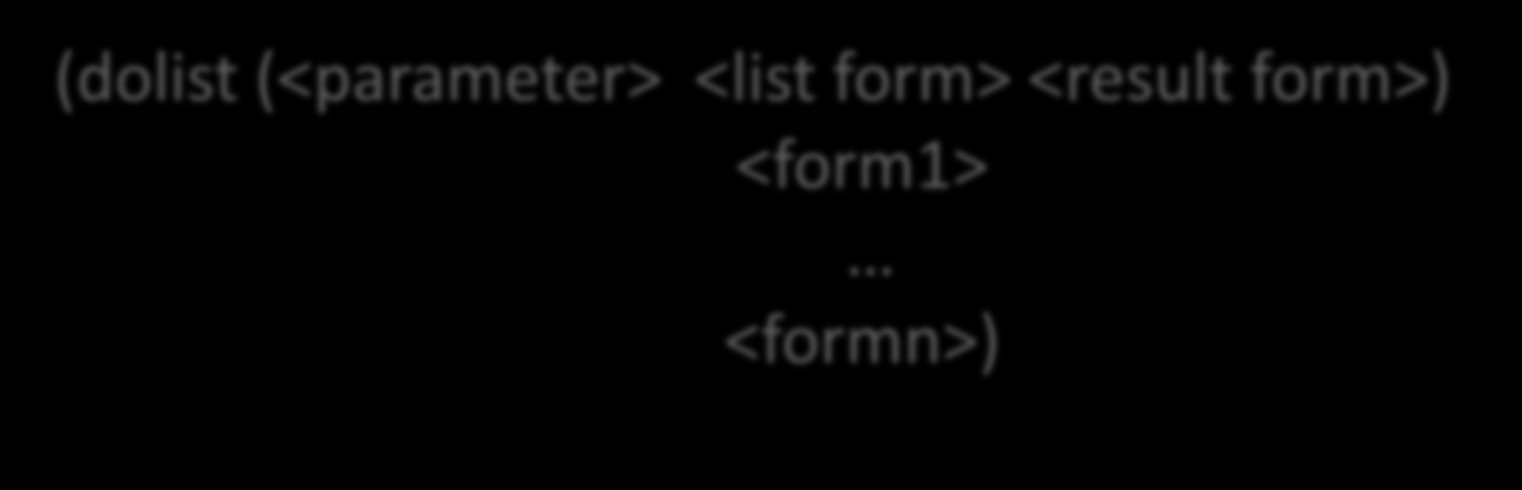 Διατάξεις Επανάληψης (1) DOLIST (dolist (<parameter> <list form> <result form>) <form1> <formn>) Εκτιμάται το