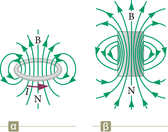 Οι γραµµές του µαγνητικού πεδίου ενός βρόχου Στην εικόνα (α) παρουσιάζονται οι γραµµές του µαγνητικού πεδίου γύρω από έναν ρευµατοφόρο βρόχο.