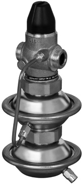 -F Regulátor má regulačný ventil s nastaviteľným obmedzovačom prietoku, pohon s dvomi regulačnými membránami a rukoväťou na nastavenie rozdielového tlaku (verzia s pevným nastavením, dostupná na