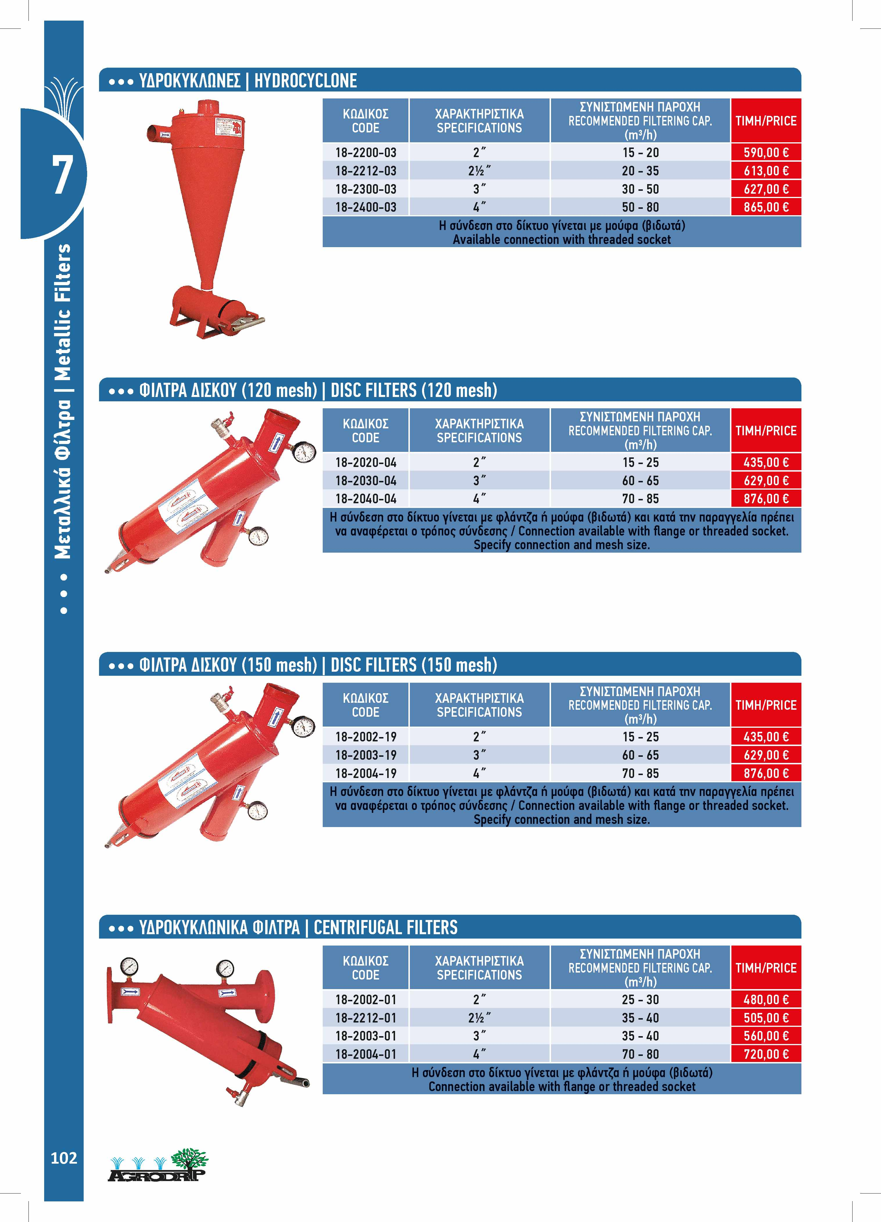 ΥΔΡΟΚΥΚΛΩΝΕΣ HYDROCYCLONE ΣΥΝΙΣΤΩΜΕΝΗ RECOMMENDED 8-2200-03 5-20 590,00 8-222-03 2 / " 20-35 63,00 8-2300-03 30-50 627,00 8-2400-03 50-80 865,00 Η σύνδεση στο δίκτυο γίνεται με μούφα (βιδωτά)