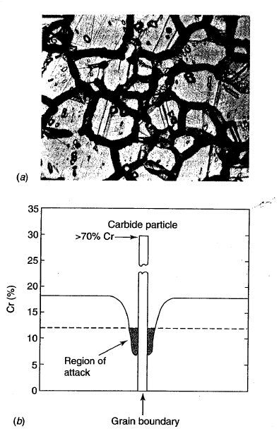 Σχήμα 1.12: Περικρυσταλλική διάβρωση.(a)προσβεβλημένα όρια των κόκκων στην ΘΕΖ,τύπος 304(b)σχηματισμός καρβιδίου στα όρια των κόκκων και περιοχή φτωχή σε χρώμιο. 2.