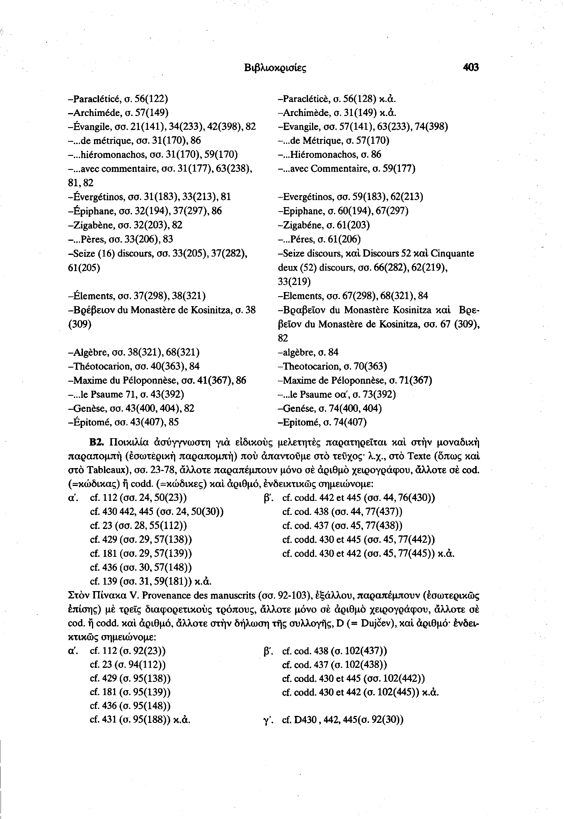 Paracléticé, σ. 56(122) Archimede, σ. 57(149) Évangile, σσ. 21(141), 34(233), 42(398), 82...de métrique, σσ. 31(170), 86...hiéromonachos, σσ. 31(170), 59(170)...avec commentaire, σσ.