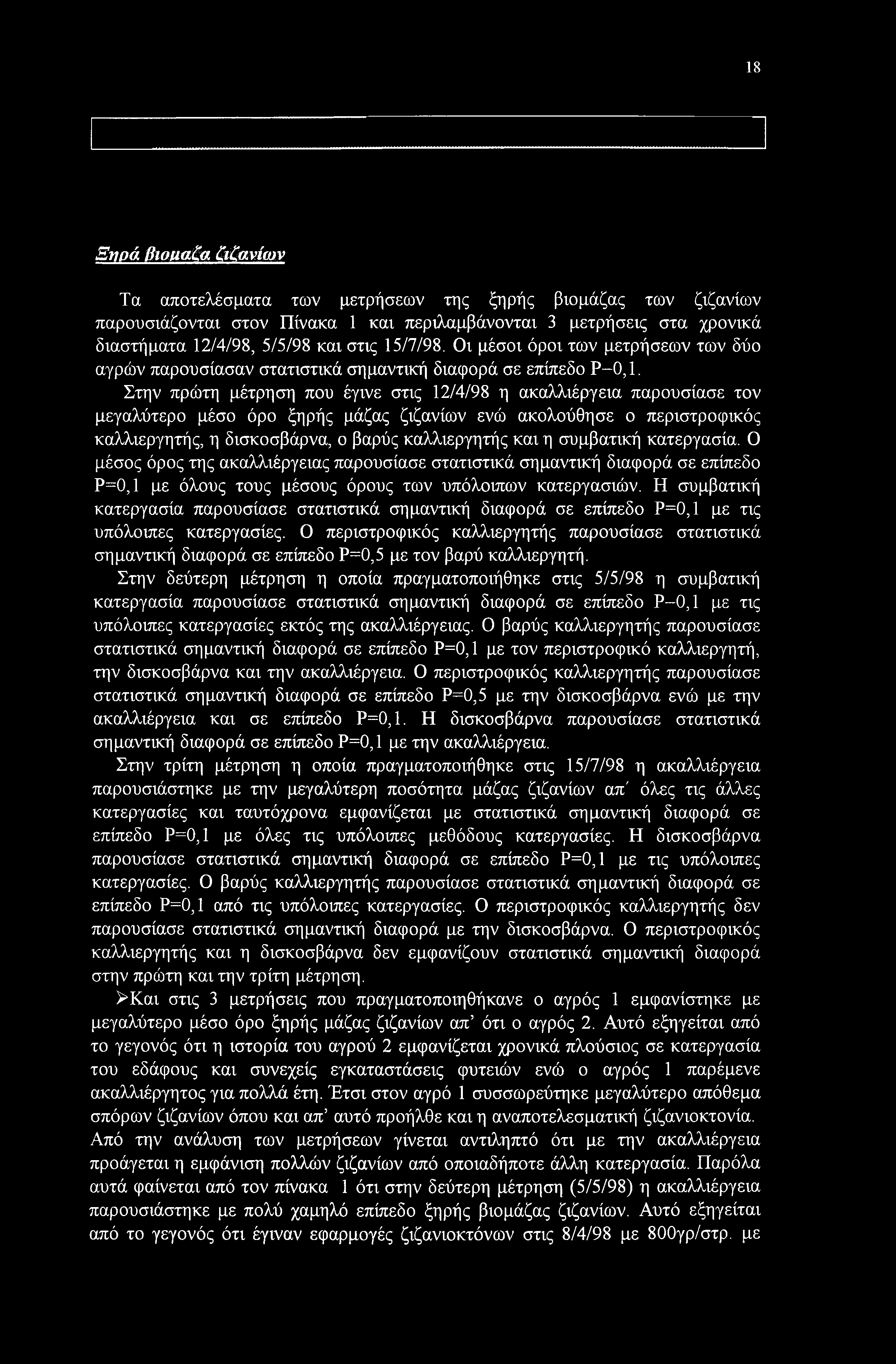 Στην πρώτη μέτρηση που έγινε στις 2/4/98 η ακαλλιέργεια παρουσίασε τον μεγαλύτερο μέσο όρο ξηρής μάζας ζιζανίων ενώ ακολούθησε ο περιστροφικός καλλιεργητής, η δισκοσβάρνα, ο βαρύς καλλιεργητής και η