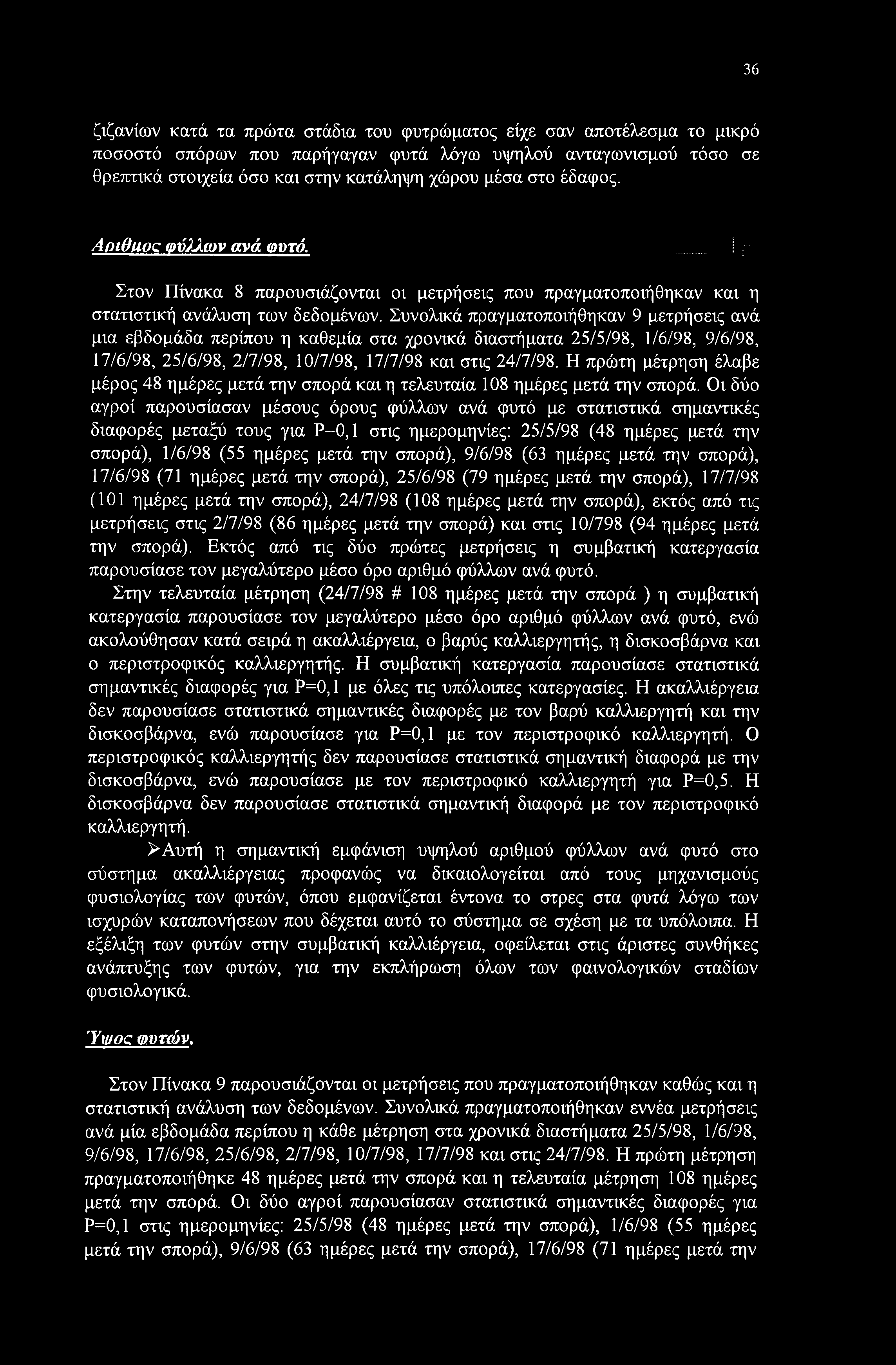 36 ζιζανίων κατά τα πρώτα στάδια του φυτρώματος είχε σαν αποτέλεσμα το μικρό ποσοστό σπόρων που παρήγαγαν φυτά λόγω υψηλού ανταγωνισμού τόσο σε θρεπτικά στοιχεία όσο και στην κατάληψη χώρου μέσα στο