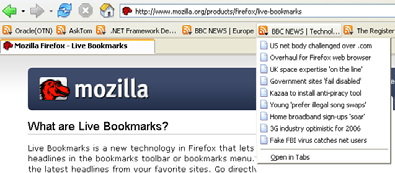 Μπορούµε και χειροκίνητα να προσθέτουµε νέα bookmarks Bookmarks > Mange Bookmarks > New Live Bookmark Χρησιµοποιώντας υπηρεσίες, όπως