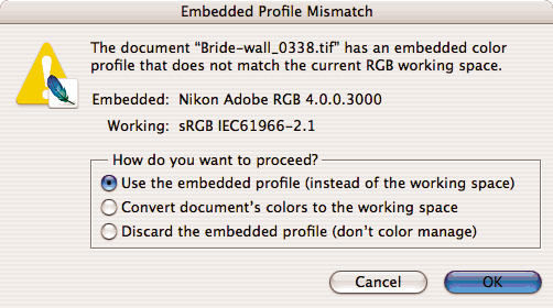 Profile Mismatches (Ασυµβατότητες προφίλ): επιλέξτε Ask When Opening (Ερώτηση κατά το άνοιγµα) και Ask When Pasting (Ερώτηση κατά την επικόλληση).