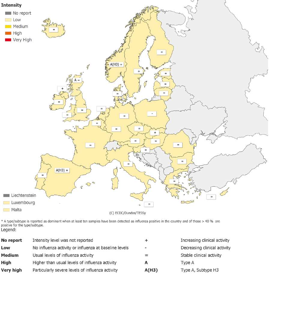 Ε. Η δραστηριότητα της γρίπης στην Ευρώπη Σύµφωνα µε την τελευταία εβδοµαδιαία έκθεση που έχει εκδοθεί από το Ευρωπαϊκό Κέντρο Πρόληψης και Ελέγχου Νόσων (ECDC) για την εβδοµάδα 50/2011, βάσει των