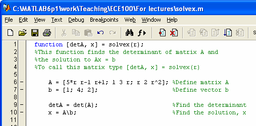 Ενότητα 6: Συναρτήσεις (functions) Παράδειγµα: >> [determinanta, z] = solvex(1) determinanta = 3 z = 1.6667 2.0000-3.