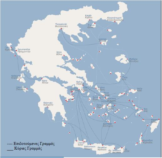 Εικόνα 3.1: Ενδεικτικός χάρτης των κύριων και επιδοτούμενων γραμμών της ελληνικής ακτοπλοϊκής αγοράς. Πηγή: Ξηραδάκης και συν., 2007).