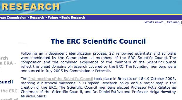 Το πρώτο βήμα : Επιστημονικό Συμβούλιο (ΕRC ScC) http://europa.