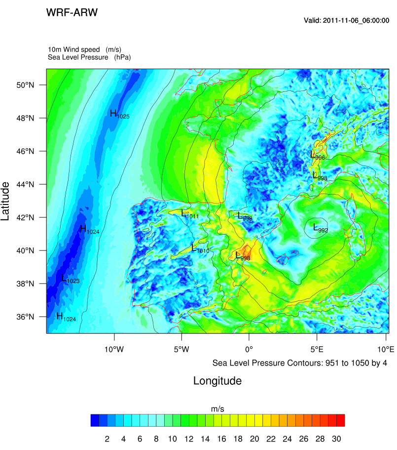 Σχήμα 6.17. Χάρτης απεικόνισης της ατμοσφαιρικής πίεσης στη μέση στάθμη θάλασσας (συνεχής ισοπληθείς) ανά 4 hpa και του ανέμου στα 10μ (σκίαση) ανά 1m/s για τις 6/11 06UTC (T+78) (πείραμα K-F).