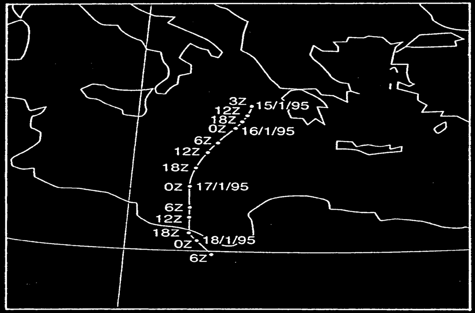 Σχήμα 2.1. Η πορεία του κυκλώνα μεταξύ 0300UTC 15 Ιανουαρίου και 0600UTC 18 Ιανουαρίου όπως προέκυψε από τις δορυφορικές εικόνες. (Pytharoulis et al., 2000).