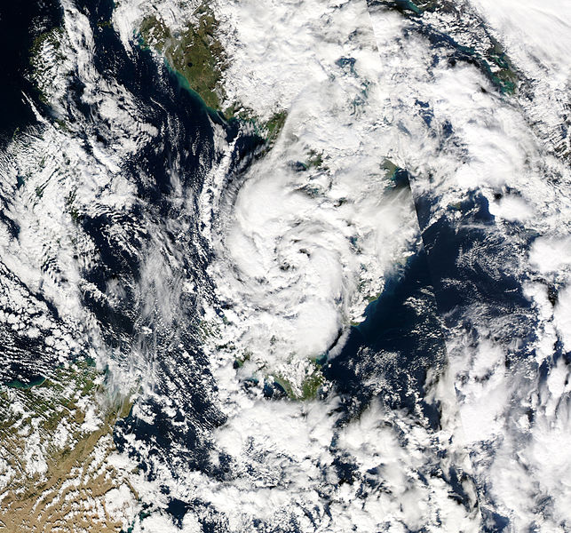 Σχήμα 5.5. Εικόνα στο ορατό φάσμα από το δορυφόρο QuikSCAT της NASA στις 28 Ιανουαρίου 2009, 11UTC (www.nasa.gov). Στο κόκκινο πλαίσιο είναι το κέντρο του κυκλώνα.