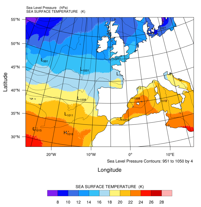 Σχήμα 6.2. Με σκίαση απεικονίζεται η θερμοκρασία στην επιφάνεια της θάλασσας (ανά 2 ο C). Τα δεδομένα προέρχονται από το NCEP.