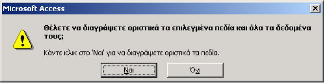 Διαγραφή πεδίων ε περίπτωςθ κατά τθν οποία υπάρχουν καταχωρθμζνα ςτοιχεία ςτον πίνακα, επειδι θ διαγραφι κα είναι