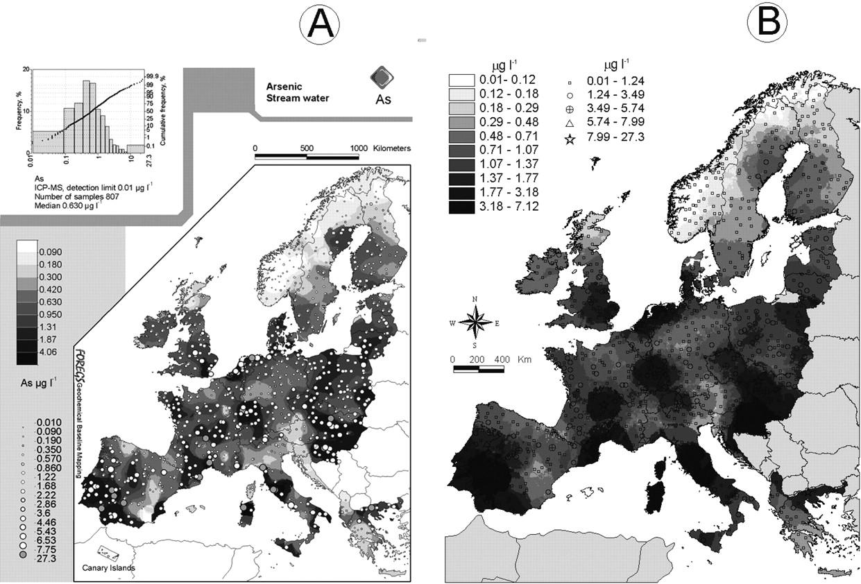 Εικόνα 1.2: Χάρτης κατανομής As στο νερό ρεμάτων της Ευρώπης. Πηγή: FOREGS Geochemical Atlas of Europe. χωρικές κλίμακες, μικροσκοπικές έως ολόκληρων ηπείρων.