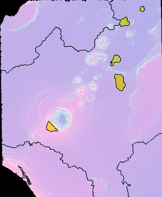 48 παρατηρούνται οι 5 ηφαιστειακοί δόμοι (με κίτρινο χρώμα), οι οποίοι ταξινομήθηκαν σε αυτό το επίπεδο.